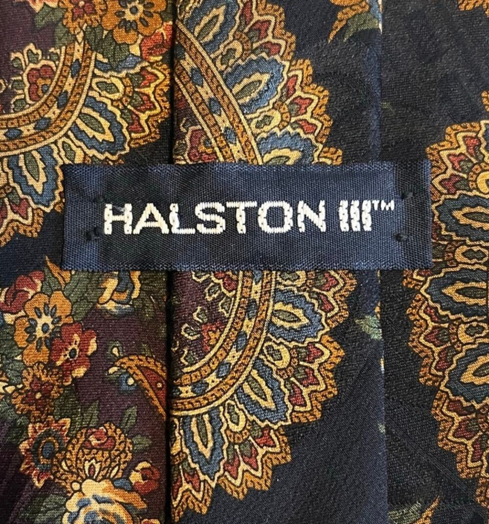 86 Vtg. Halston III Paisley Floral Black Gold Brown Italian Silk Men's Tie 58x4